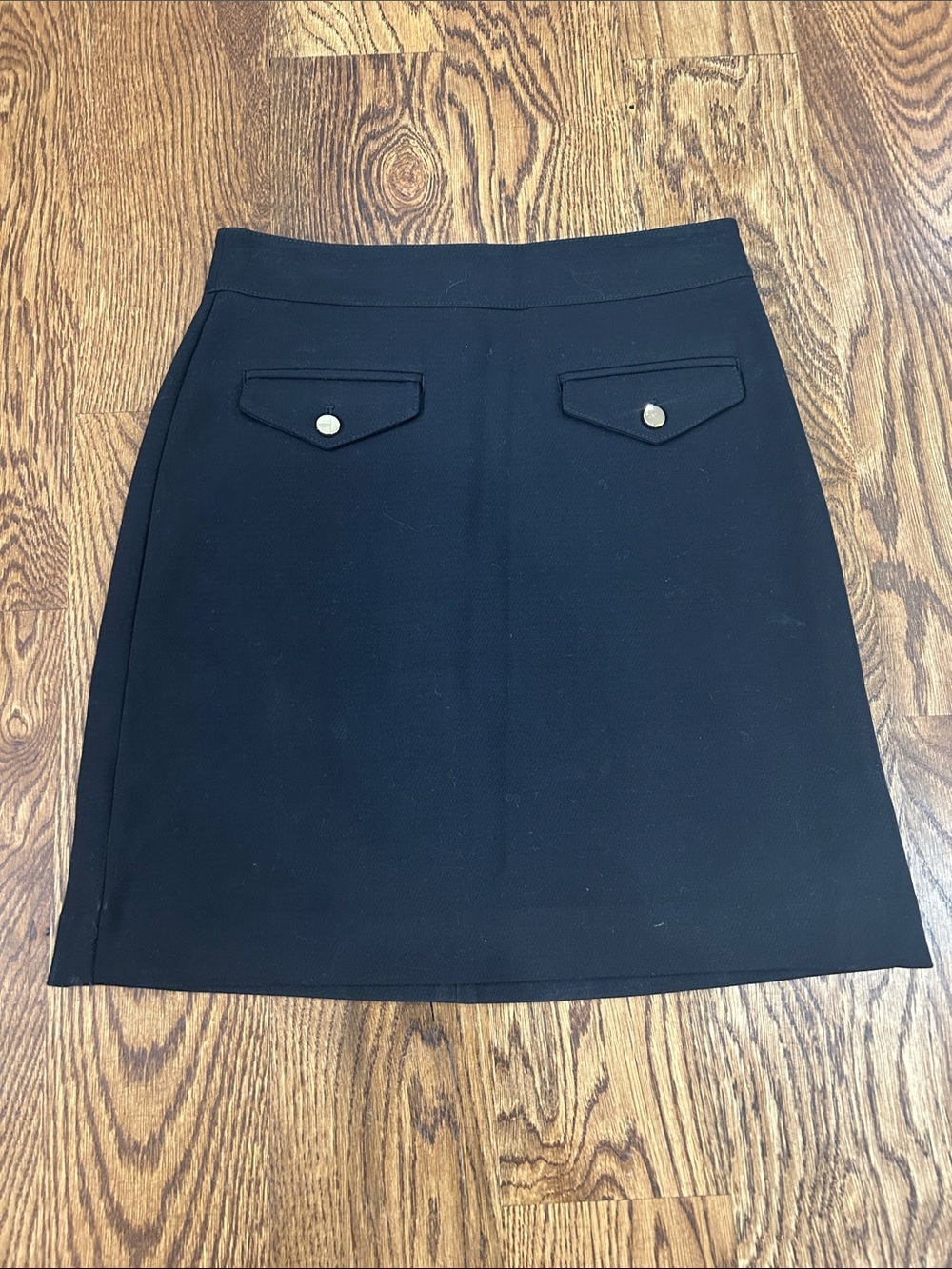 LOFT 0 Black Mini Skirt with Gold Button-Flap Pockets. Fully Lined.   Like New